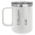 Laser etched white 15 oz vacuum insulated coffee mug with 'Idaho Home' design