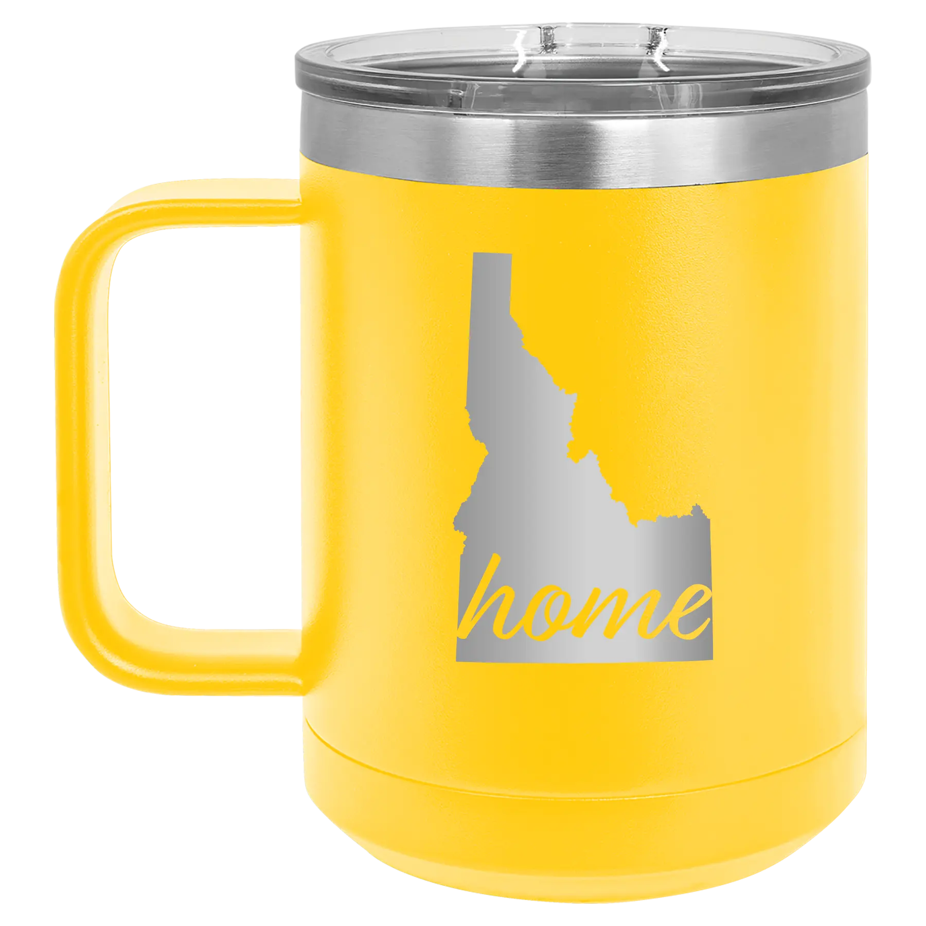 Laser etched yellow 15 oz vacuum insulated coffee mug with 'Idaho Home' design