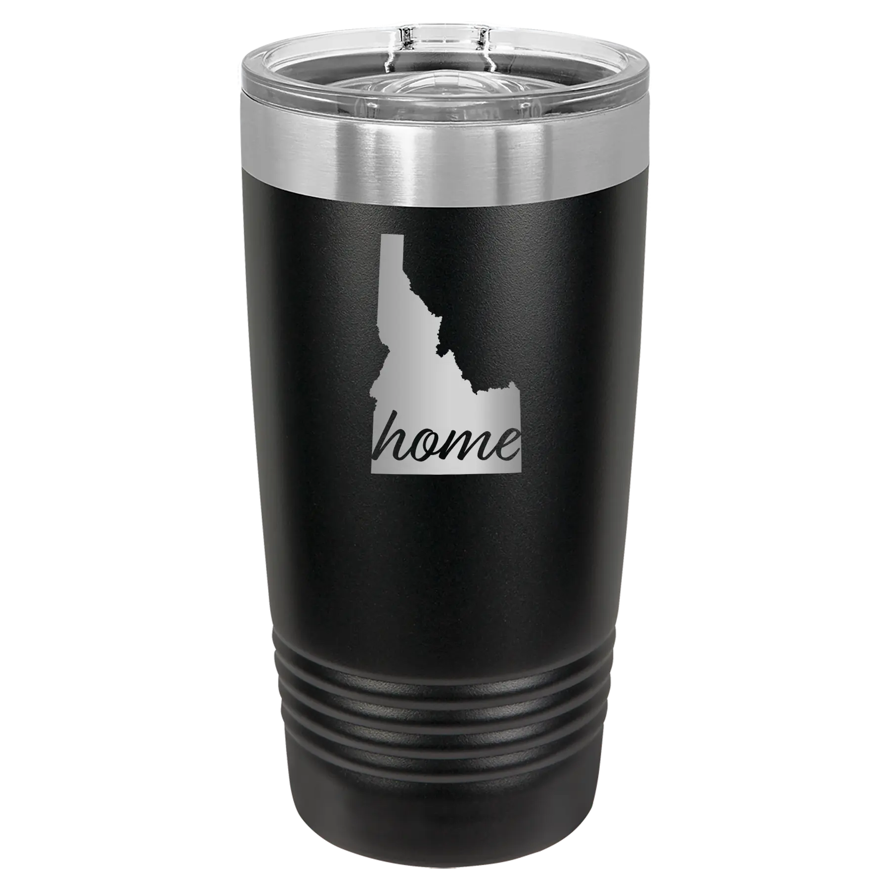 Laser etched black 20 oz vacuum insulated tumbler with 'Idaho Home' design