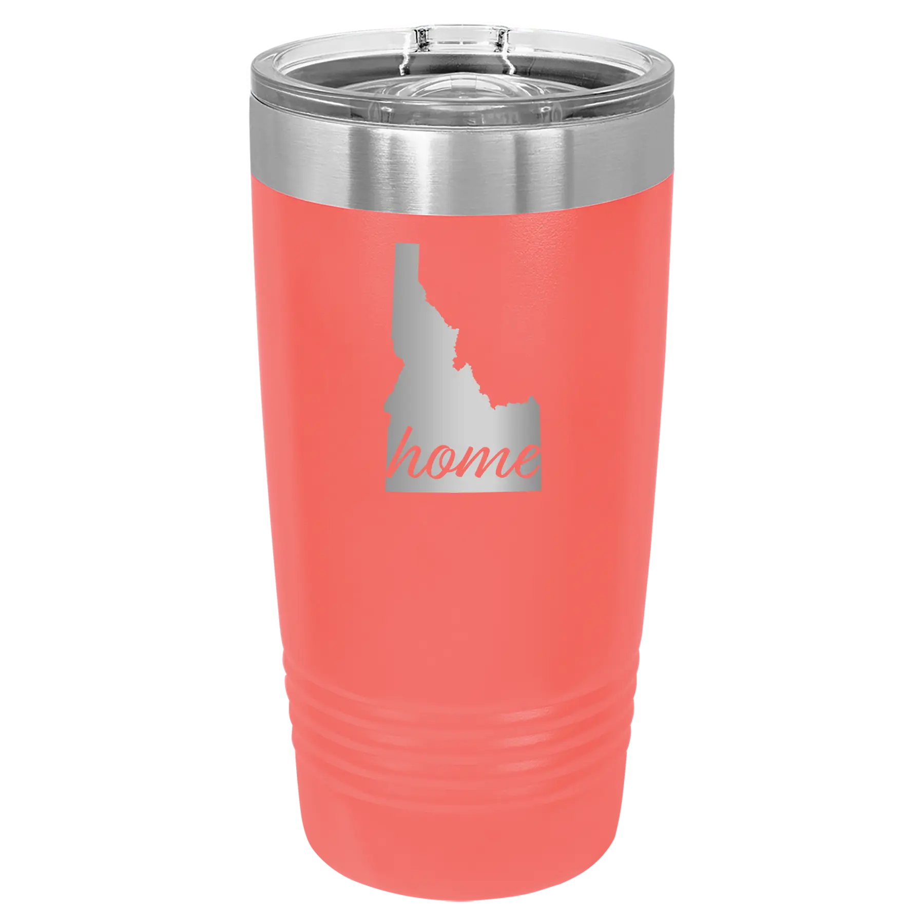 Laser etched coral 20 oz vacuum insulated tumbler with 'Idaho Home' design
