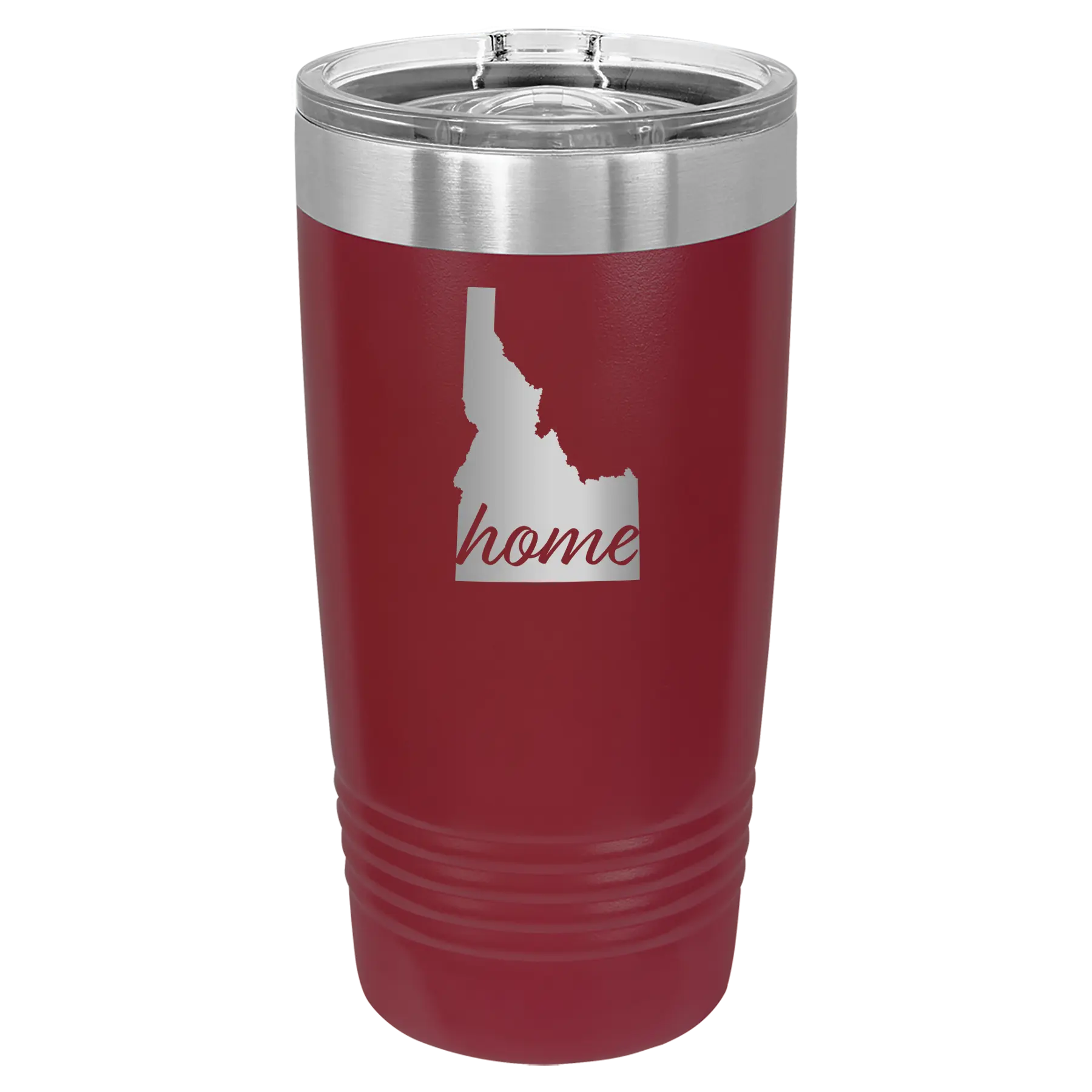 Laser etched maroon 20 oz vacuum insulated tumbler with 'Idaho Home' design
