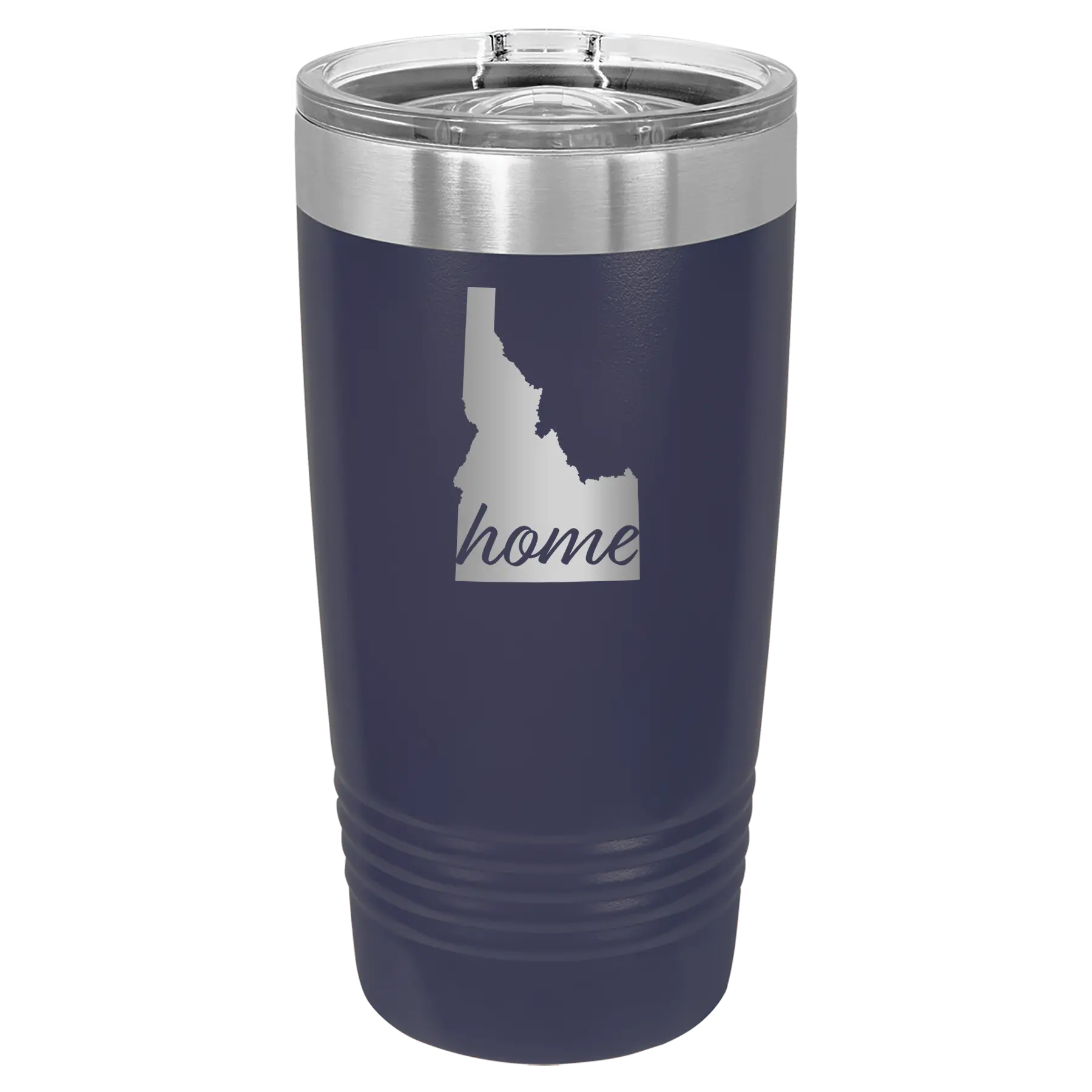 Laser etched navy 20 oz vacuum insulated tumbler with 'Idaho Home' design
