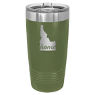 Laser etched olive green 20 oz vacuum insulated tumbler with 'Idaho Home' design