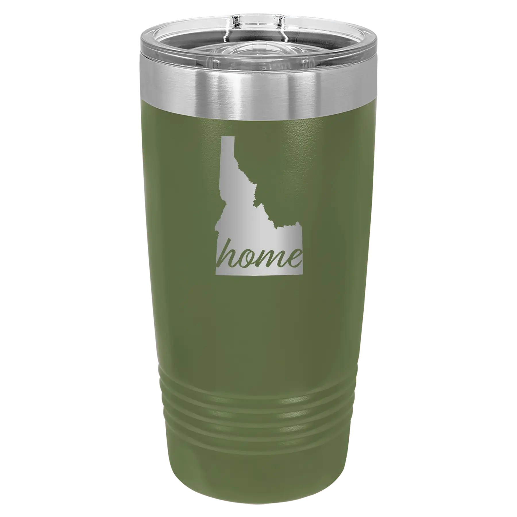 Laser etched olive green 20 oz vacuum insulated tumbler with 'Idaho Home' design