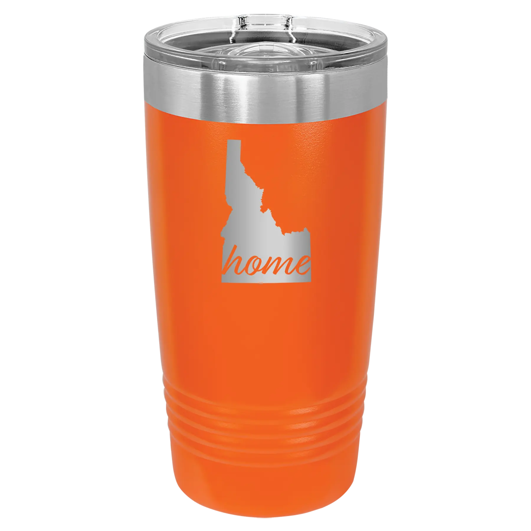 Laser etched orange 20 oz vacuum insulated tumbler with 'Idaho Home' design