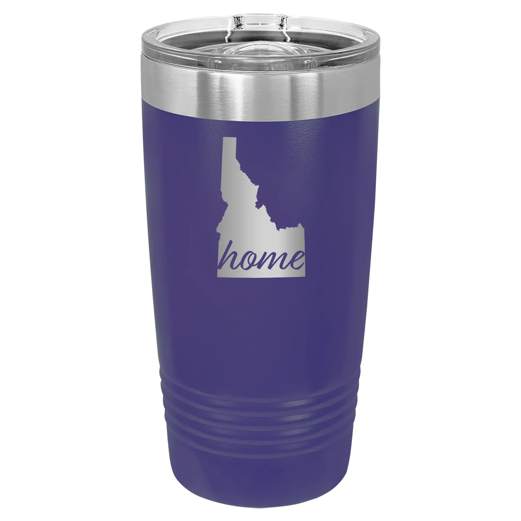 Laser etched purple 20 oz vacuum insulated tumbler with 'Idaho Home' design