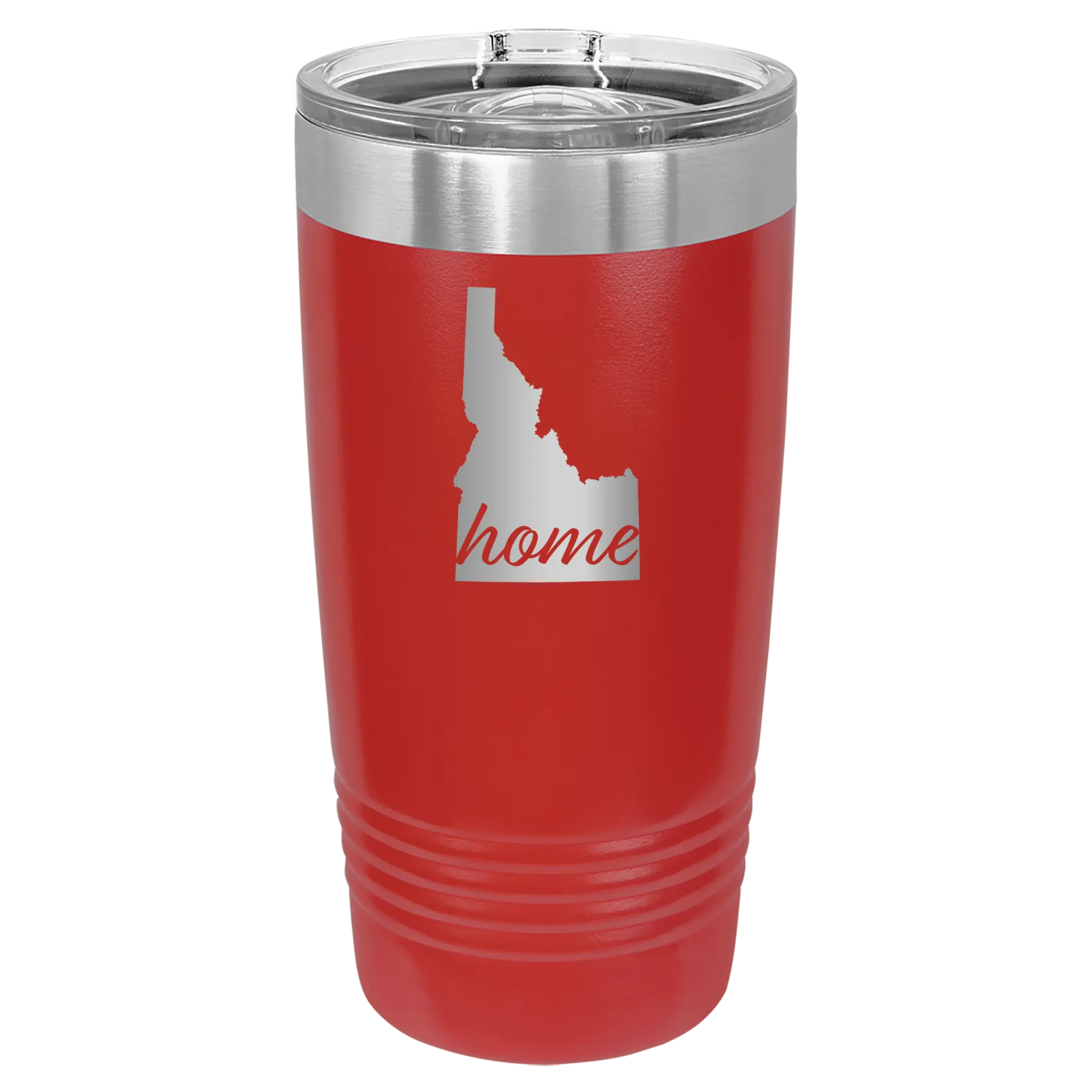 Laser etched red 20 oz vacuum insulated tumbler with 'Idaho Home' design