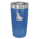 Laser etched royal blue 20 oz vacuum insulated tumbler with 'Idaho Home' design