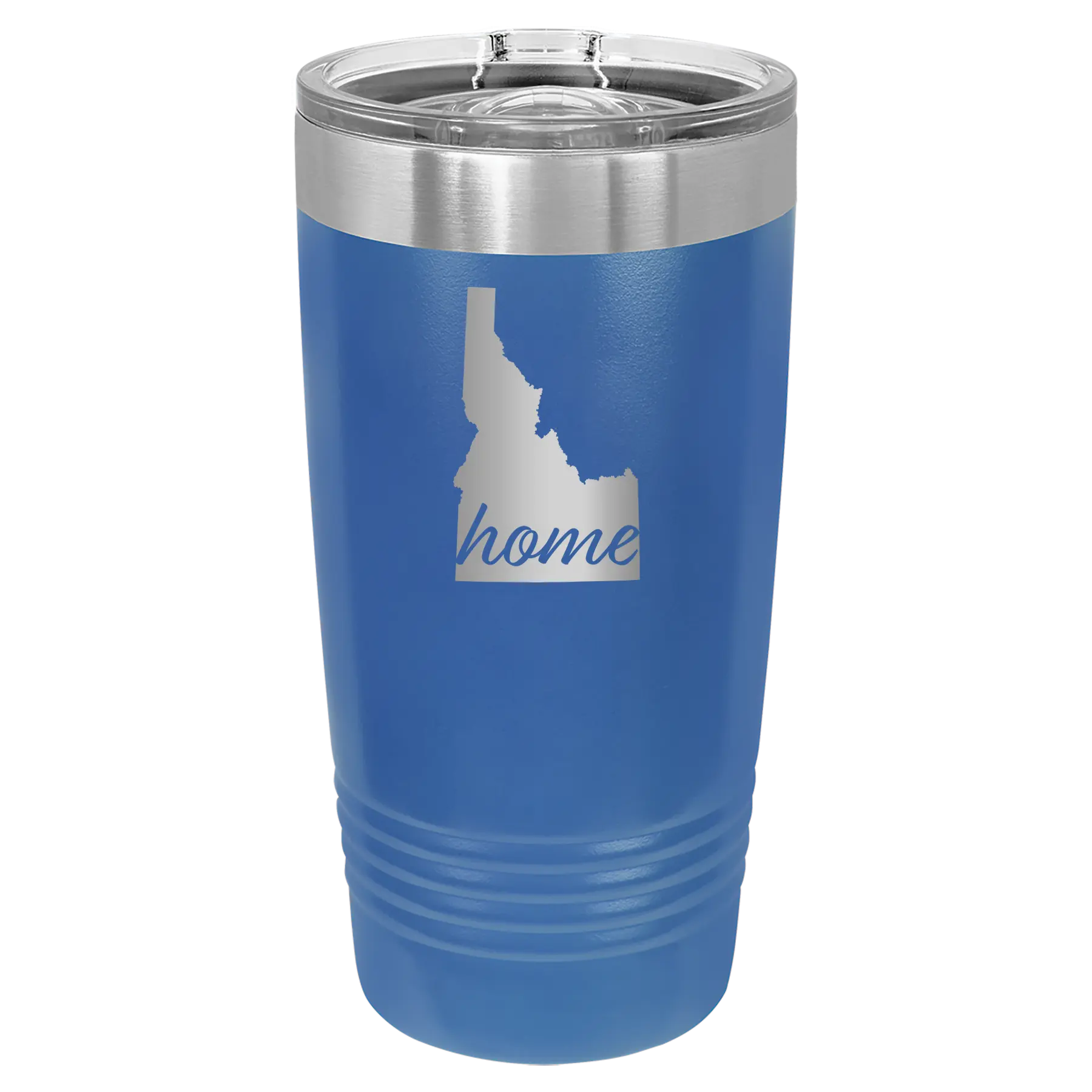Laser etched royal blue 20 oz vacuum insulated tumbler with 'Idaho Home' design