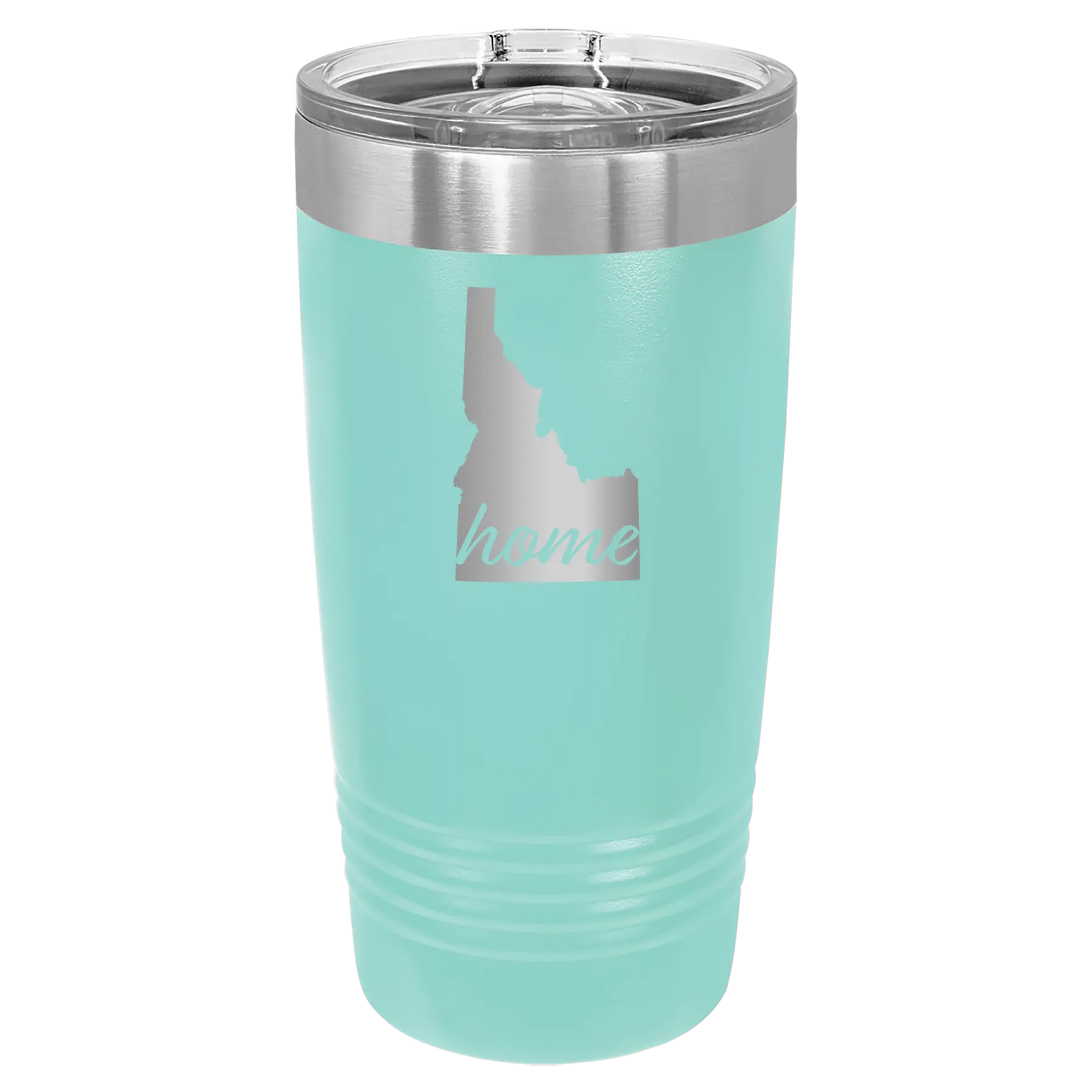 Laser etched teal 20 oz vacuum insulated tumbler with 'Idaho Home' design