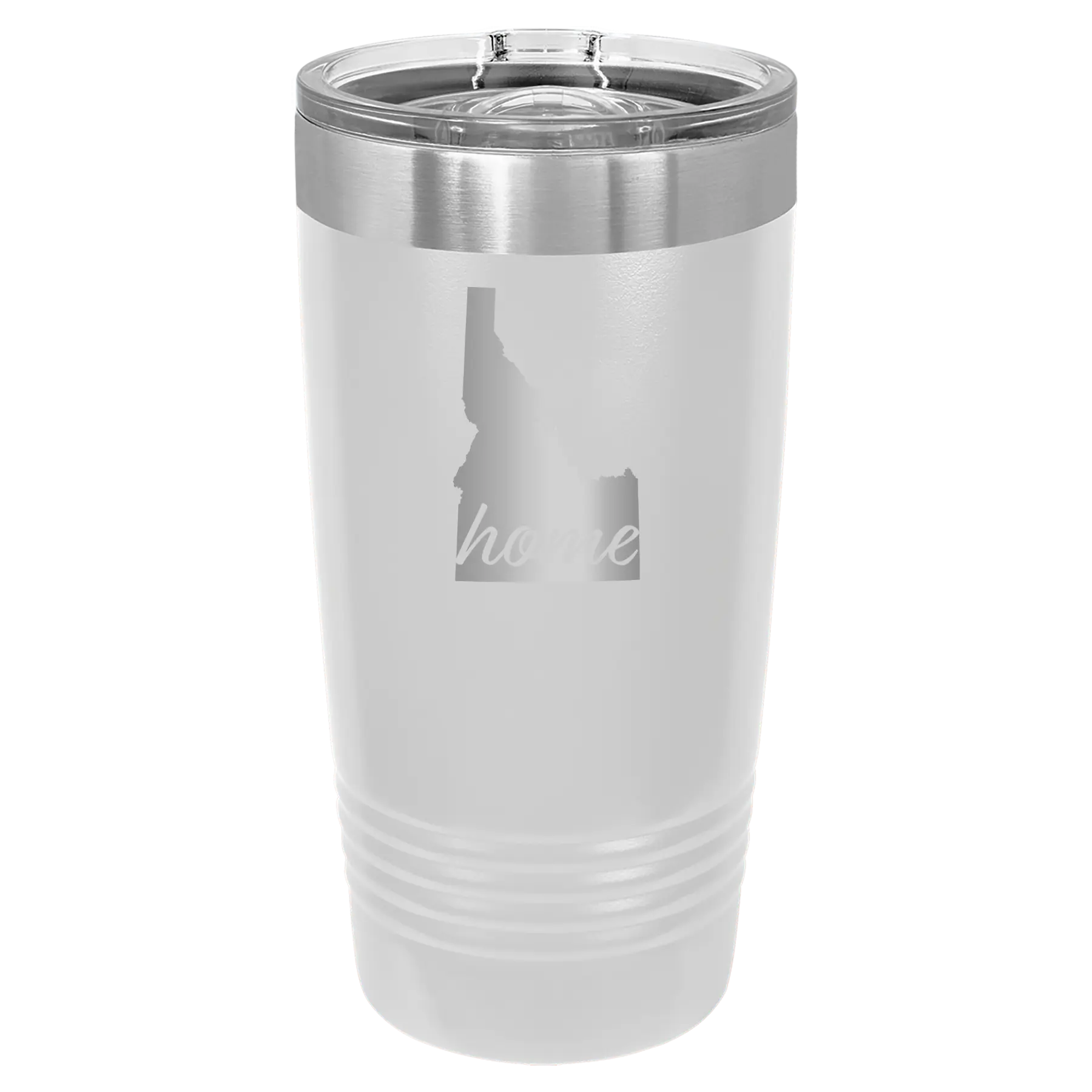 Laser etched white 20 oz vacuum insulated tumbler with 'Idaho Home' design