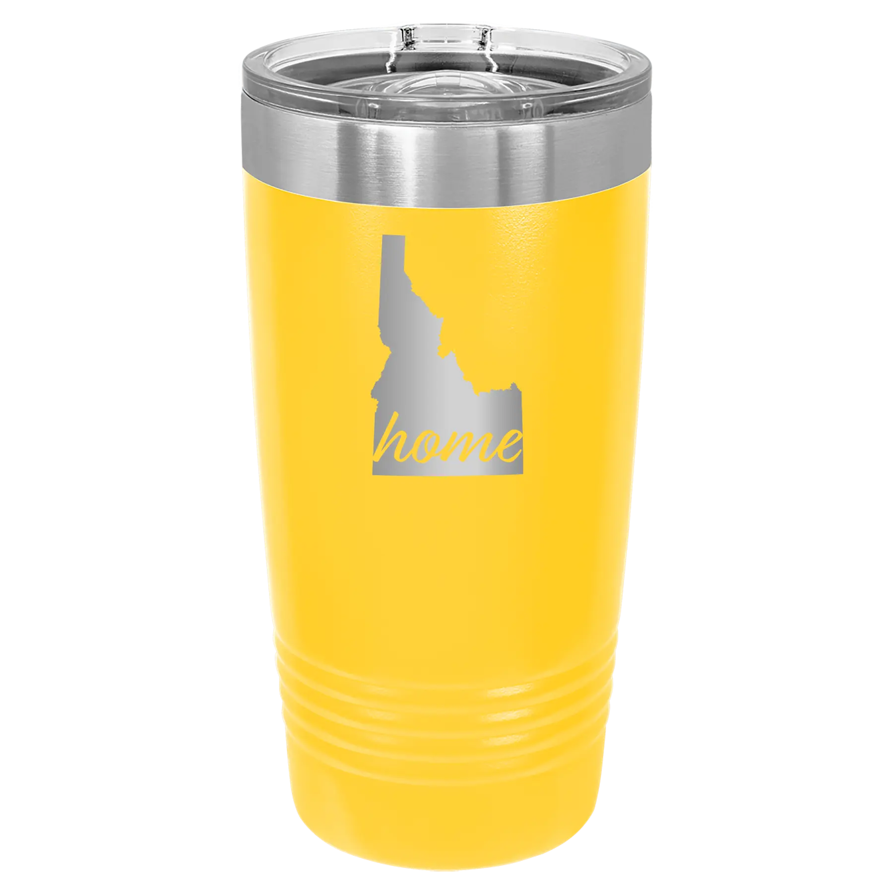 Laser etched yellow 20 oz vacuum insulated tumbler with 'Idaho Home' design
