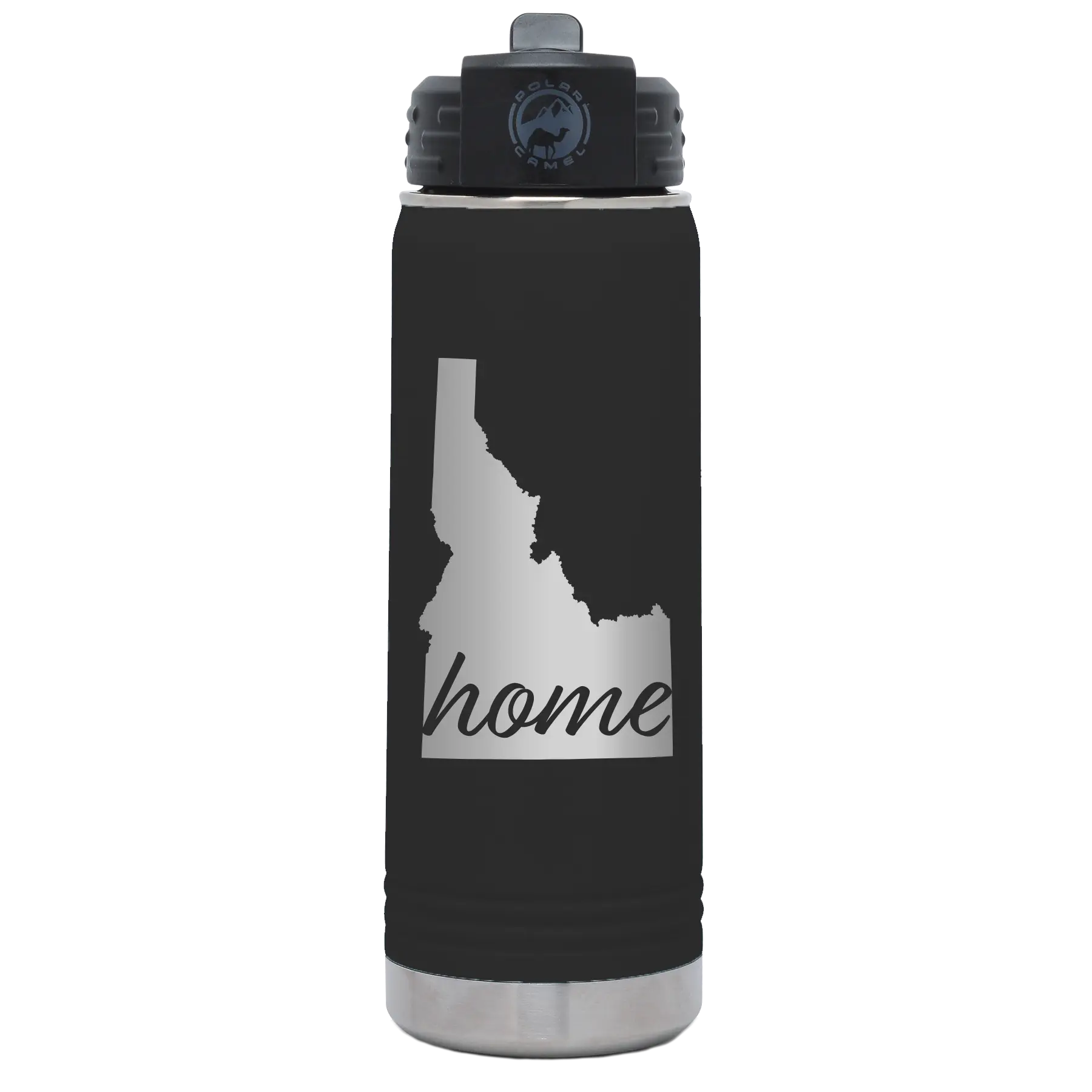 Laser etched black 20 oz vacuum insulated water bottle with 'Idaho Home' design