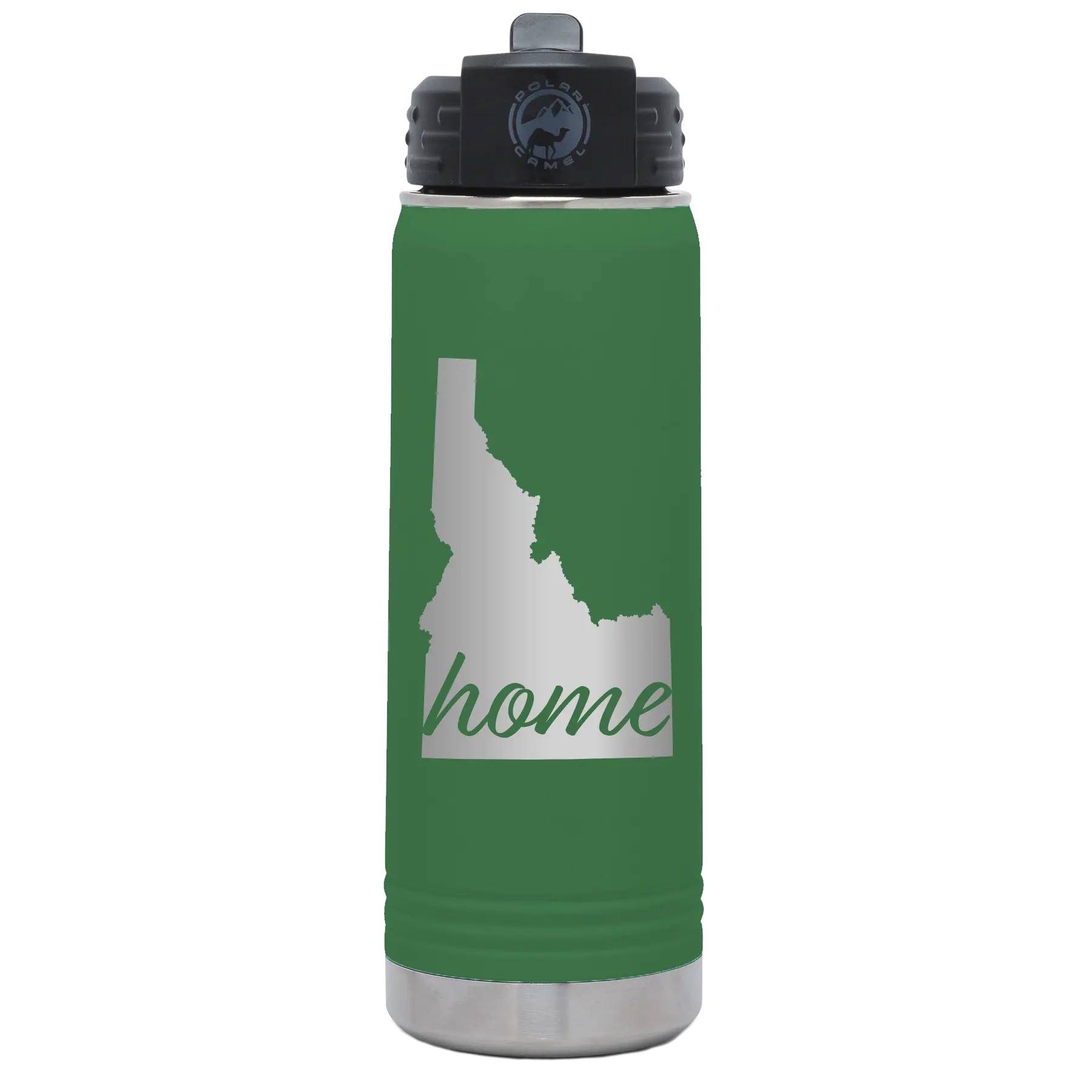 Laser etched green 20 oz vacuum insulated water bottle with 'Idaho Home' design
