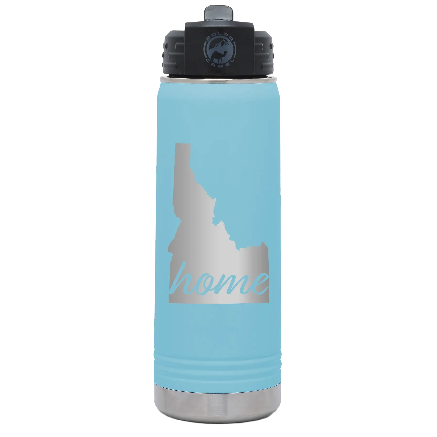 Laser etched light blue 20 oz vacuum insulated water bottle with 'Idaho Home' design