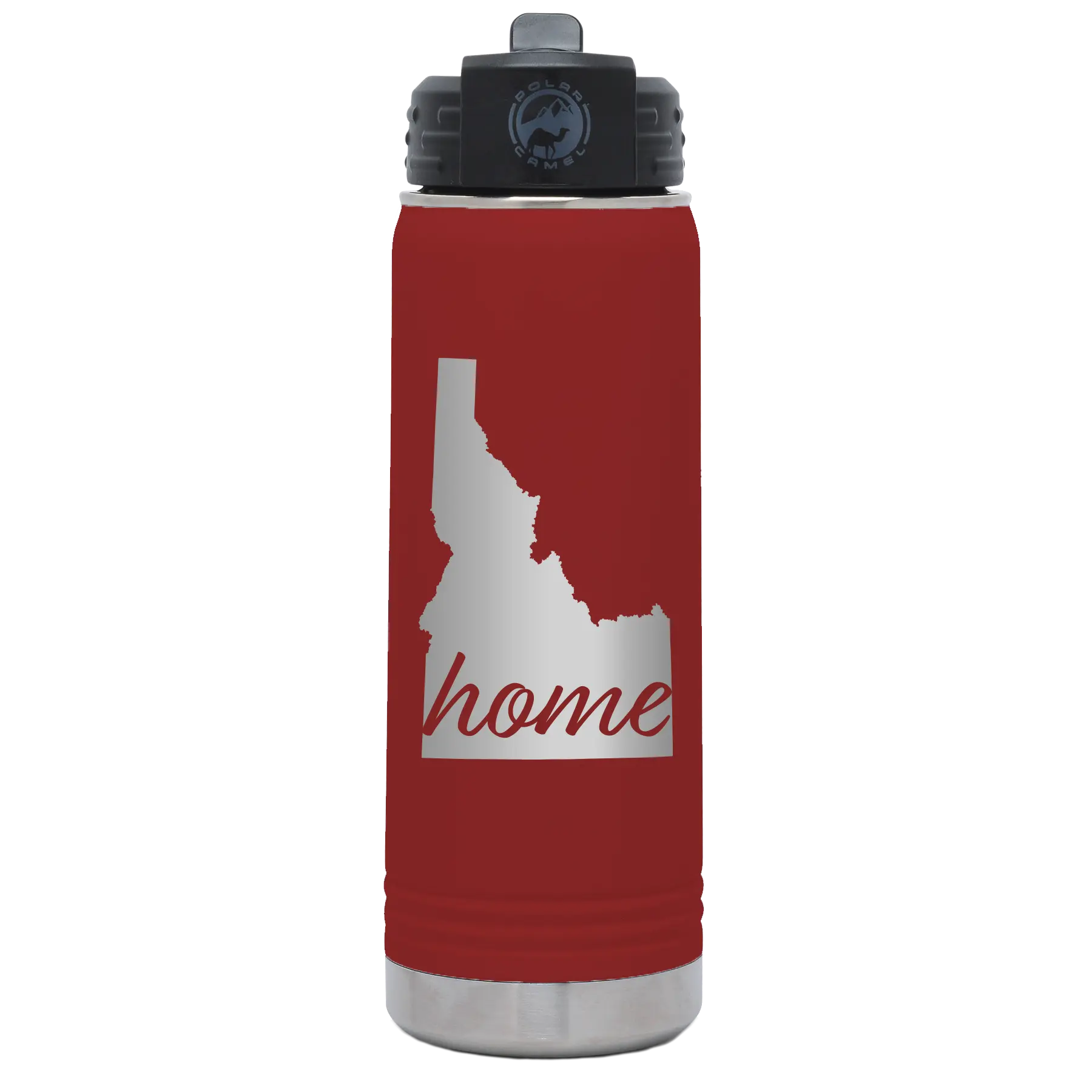 Laser etched maroon 20 oz vacuum insulated water bottle with 'Idaho Home' design