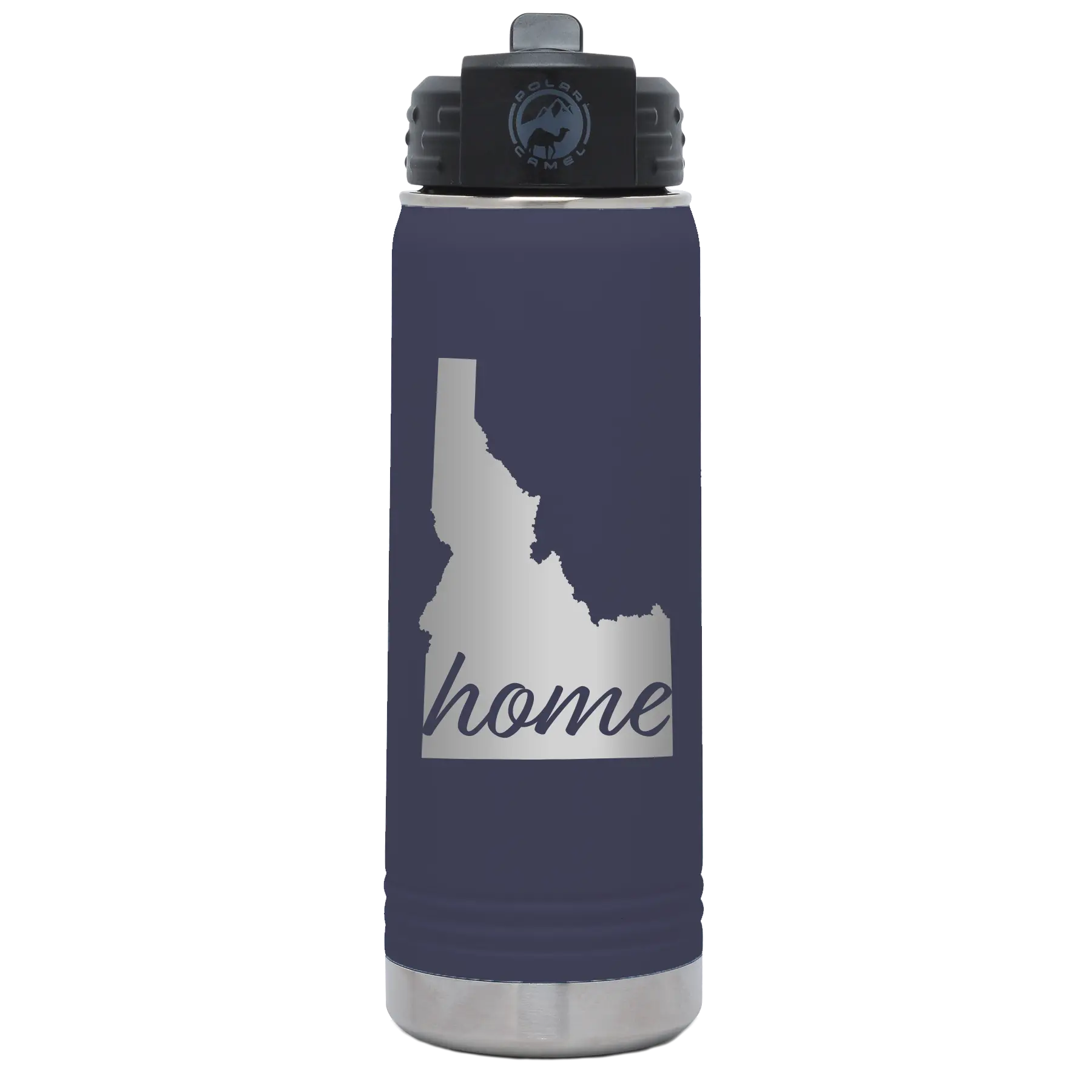 Laser etched navy 20 oz vacuum insulated water bottle with 'Idaho Home' design