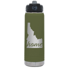 Laser etched olive green 20 oz vacuum insulated water bottle with 'Idaho Home' design