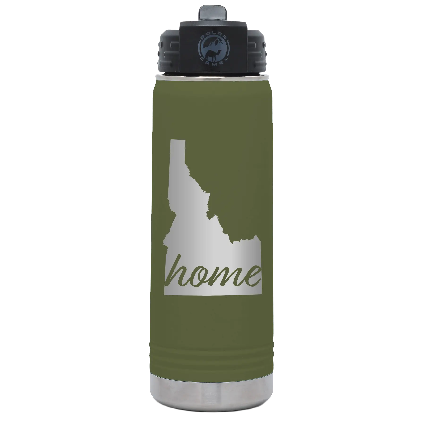 Laser etched olive green 20 oz vacuum insulated water bottle with 'Idaho Home' design