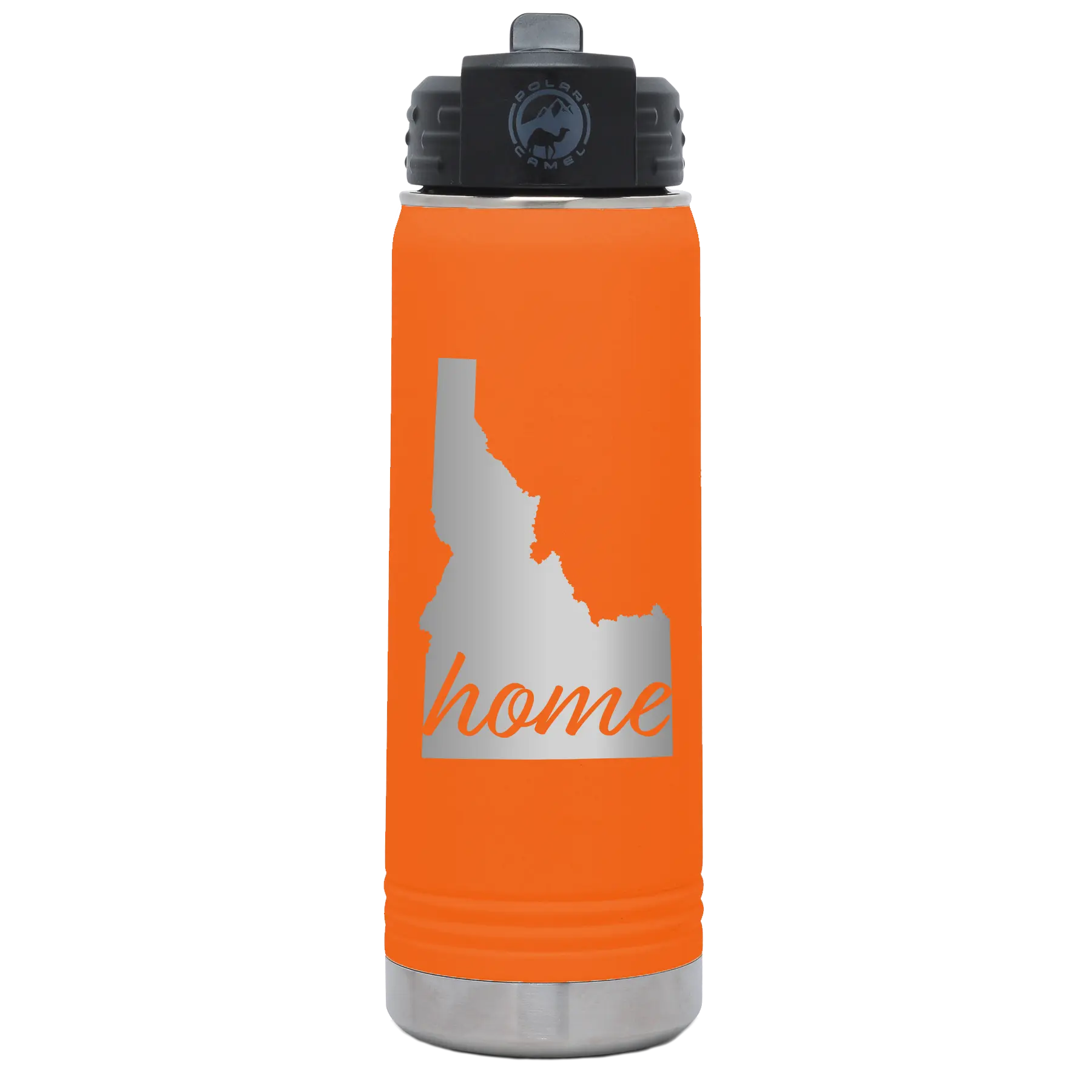 Laser etched orange 20 oz vacuum insulated water bottle with 'Idaho Home' design