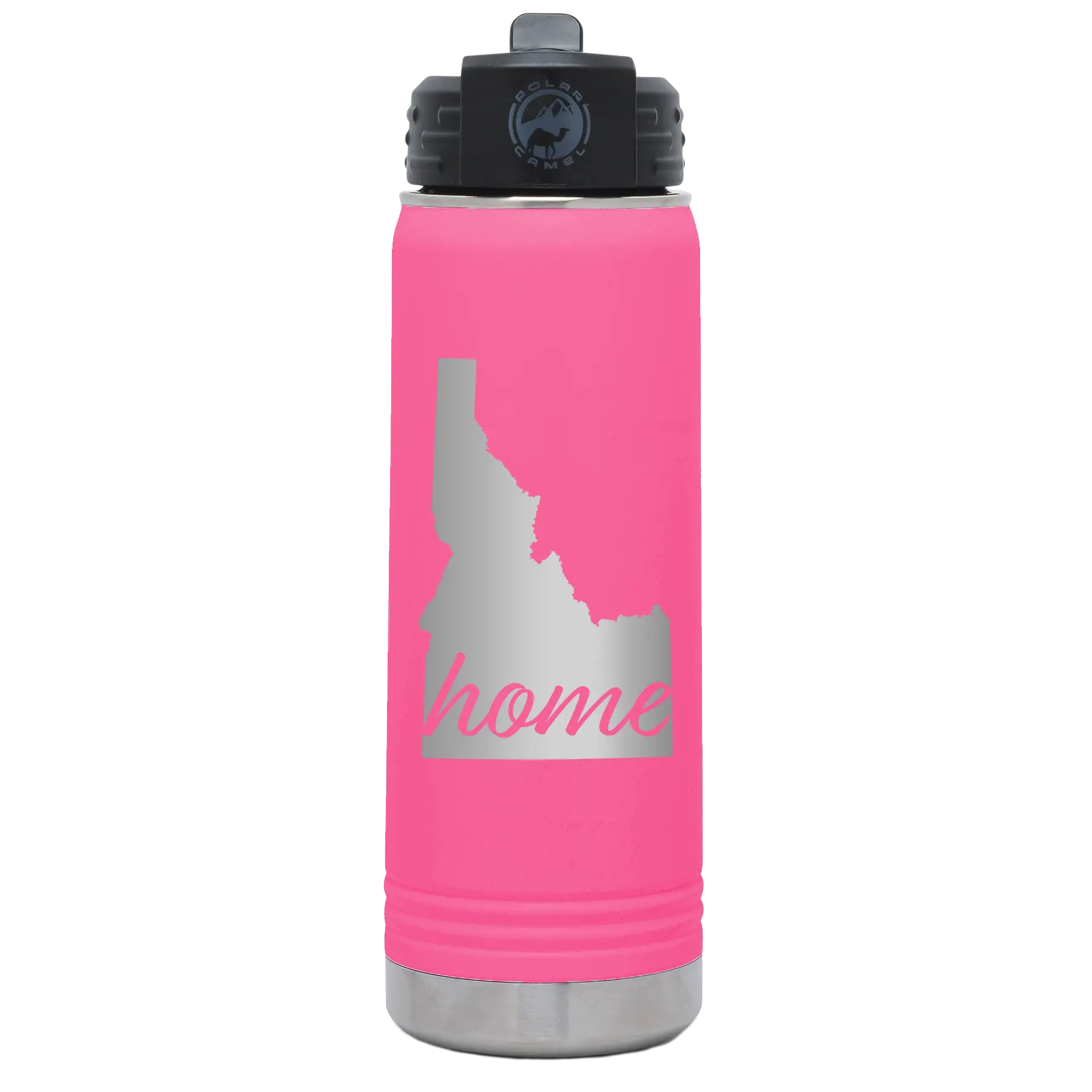 Laser etched pink 20 oz vacuum insulated water bottle with 'Idaho Home' design