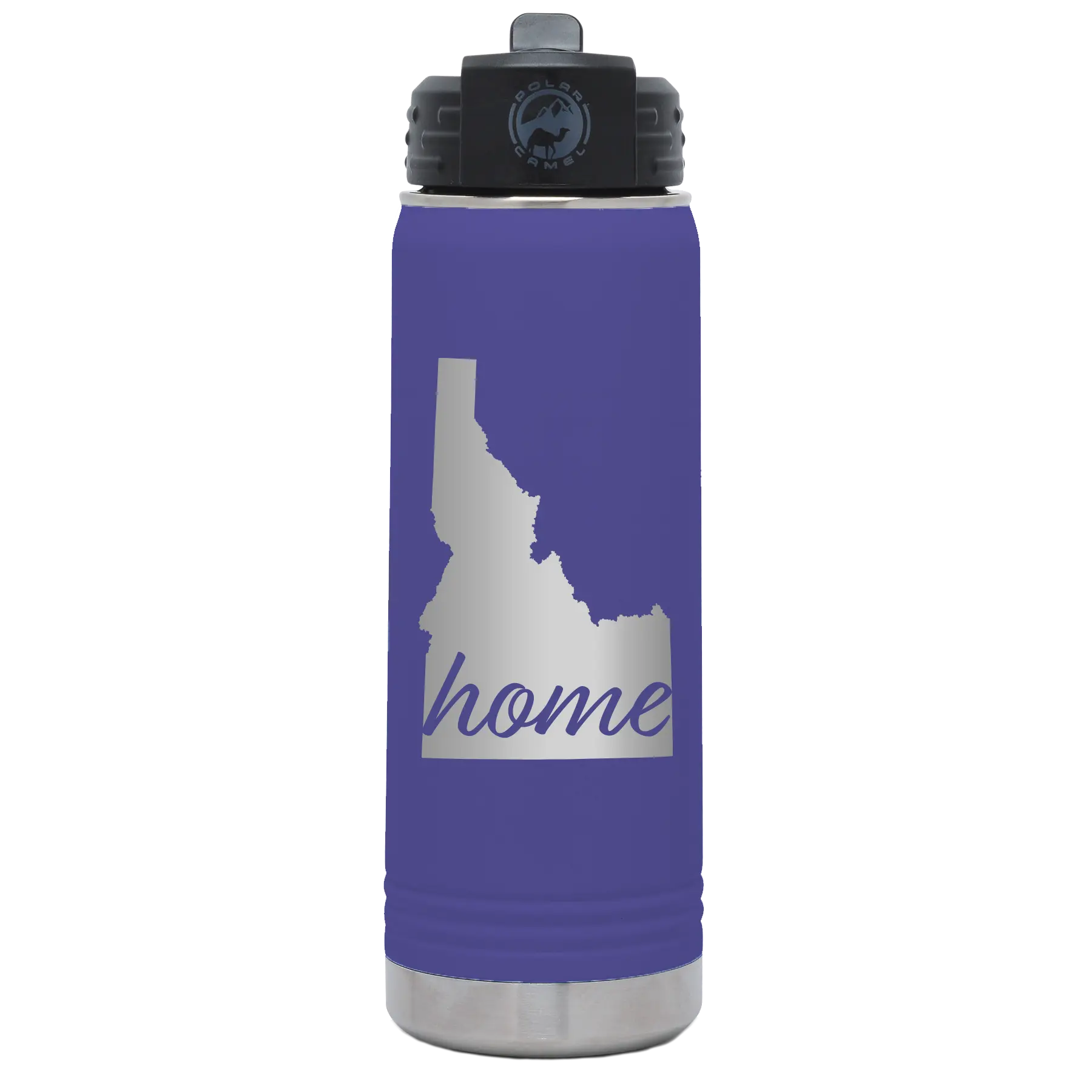 Laser etched purple 20 oz vacuum insulated water bottle with 'Idaho Home' design