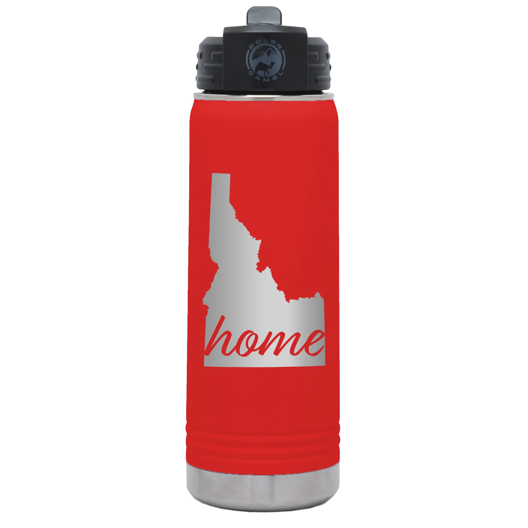 Laser etched red 20 oz vacuum insulated water bottle with 'Idaho Home' design