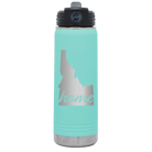 Laser etched teal 20 oz vacuum insulated water bottle with 'Idaho Home' design