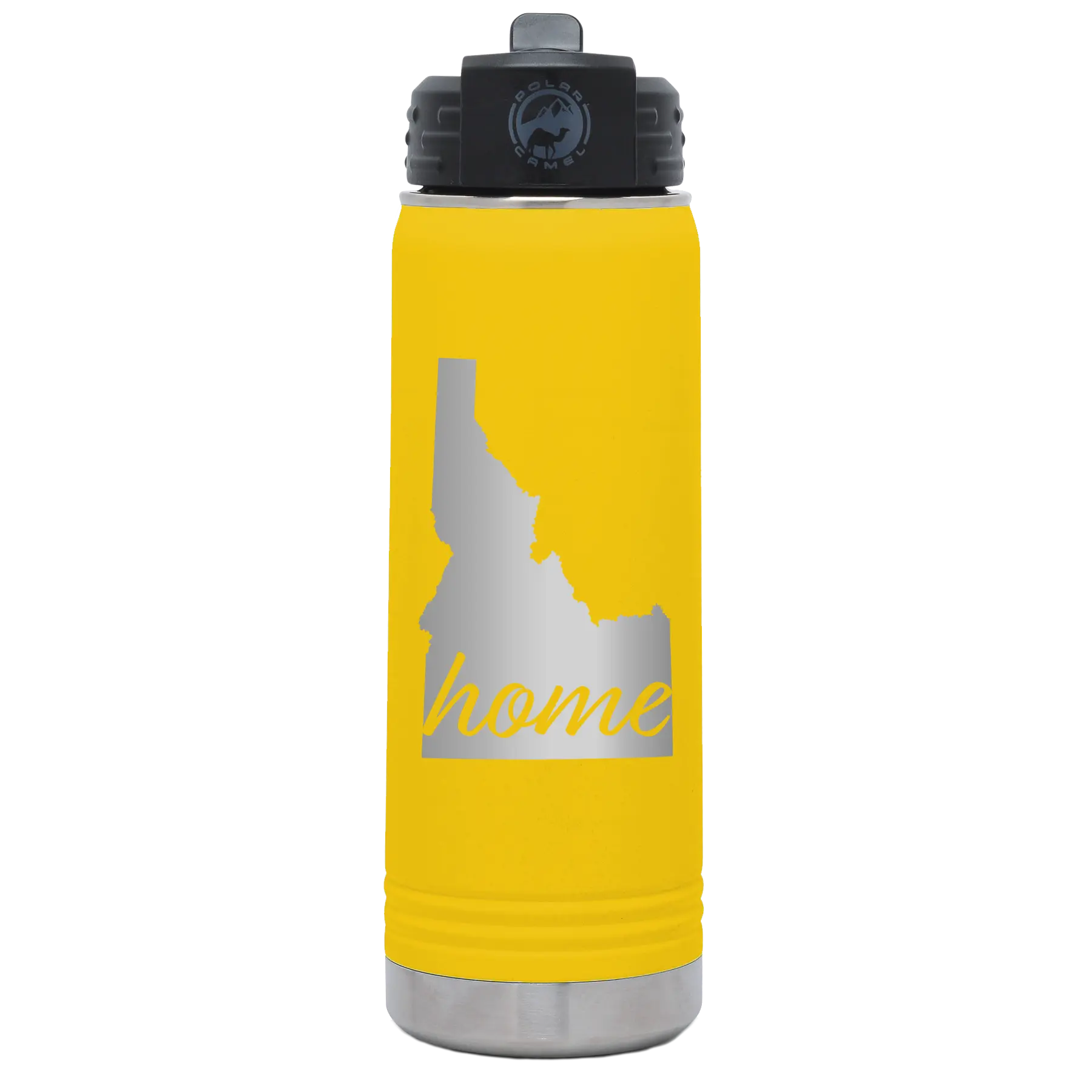 Laser etched yellow 20 oz vacuum insulated water bottle with 'Idaho Home' design