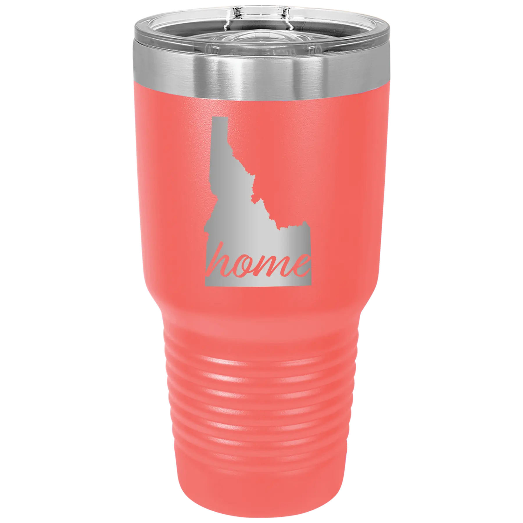 Laser etched coral 30 oz vacuum insulated tumbler with 'Idaho Home' design
