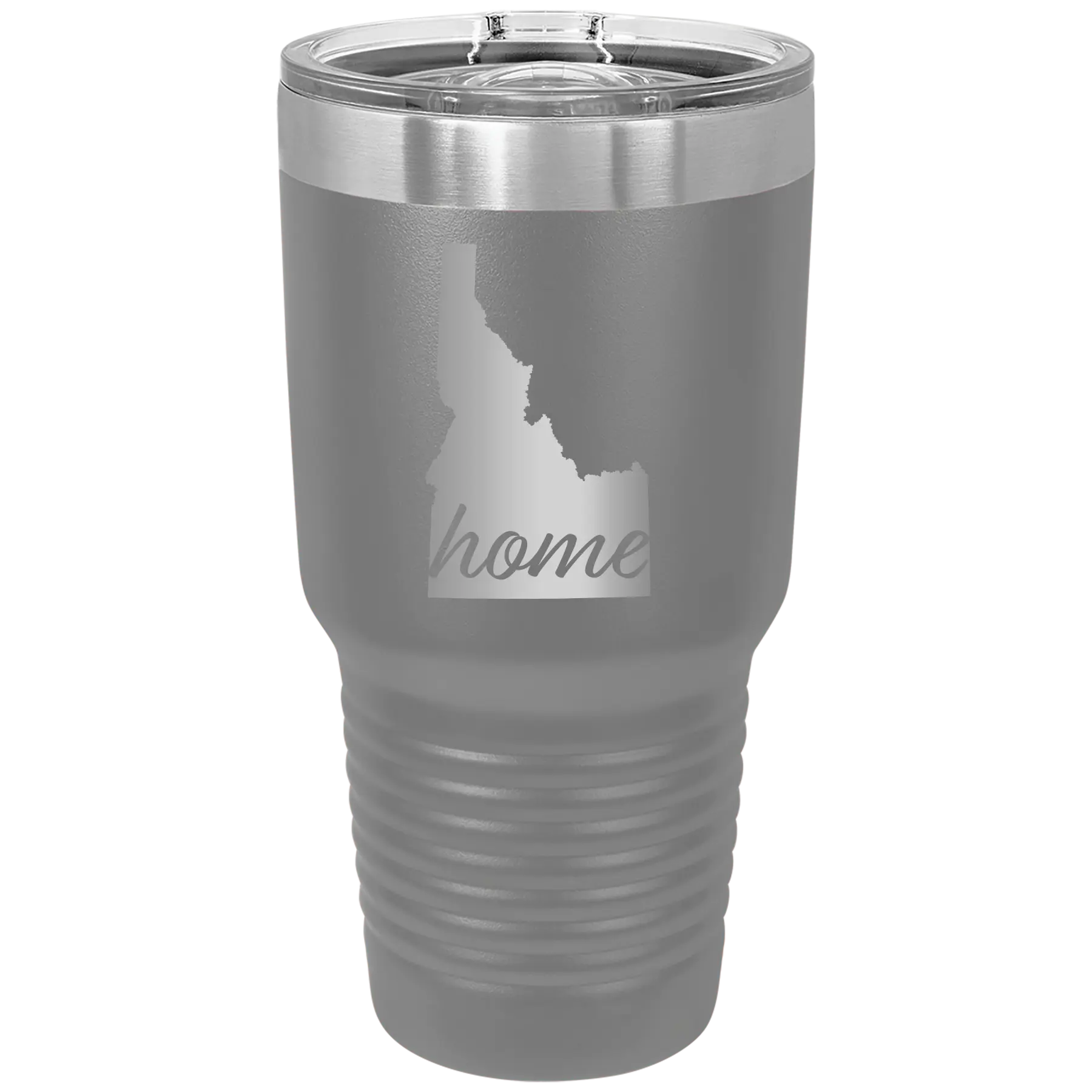 Laser etched dark gray 30 oz vacuum insulated tumbler with 'Idaho Home' design