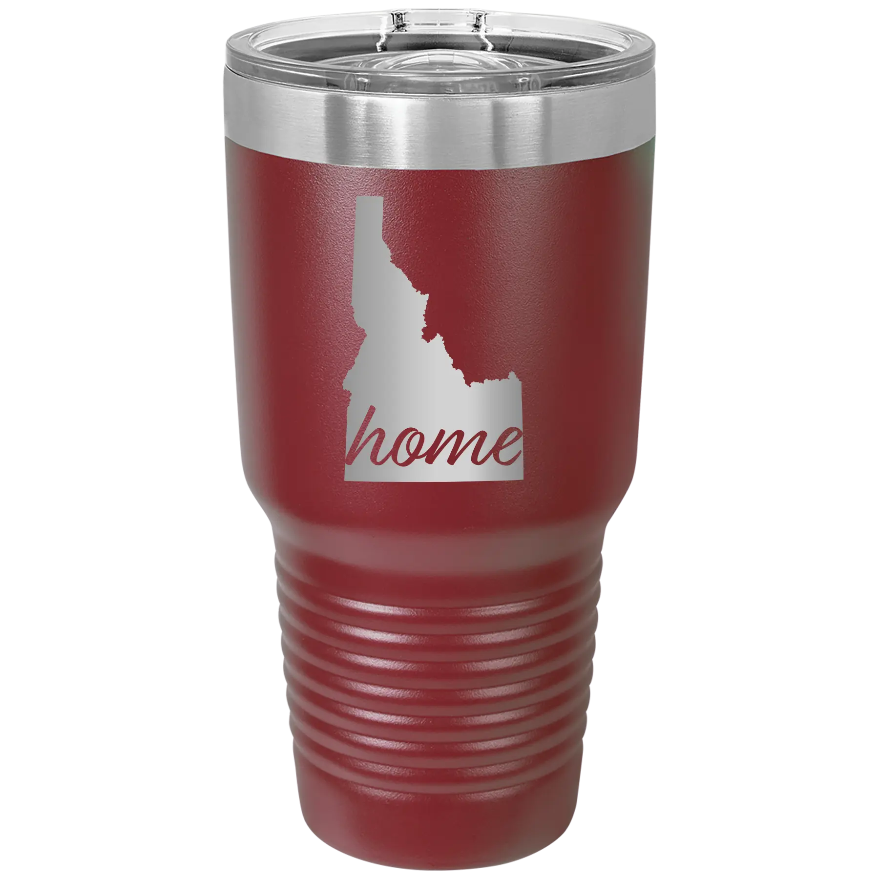 Laser etched maroon 30 oz vacuum insulated tumbler with 'Idaho Home' design