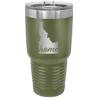Laser etched olive green 30 oz vacuum insulated tumbler with 'Idaho Home' design