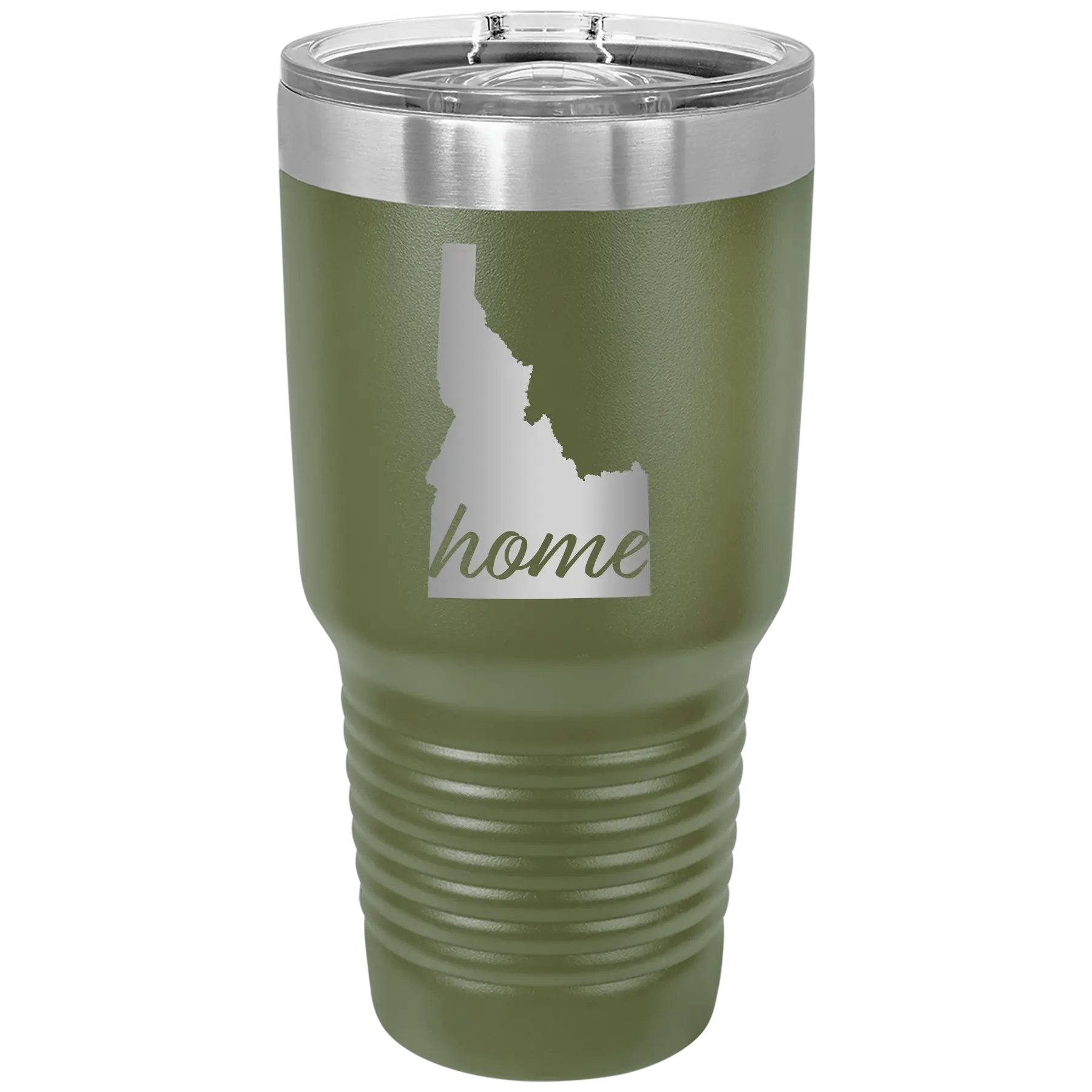 Laser etched olive green 30 oz vacuum insulated tumbler with 'Idaho Home' design