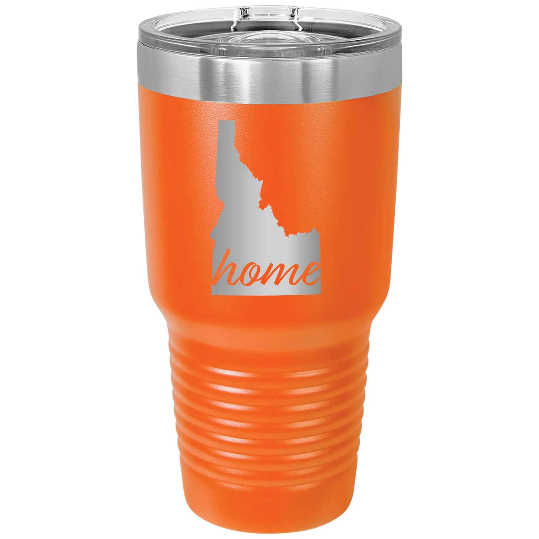 Laser etched orange 30 oz vacuum insulated tumbler with 'Idaho Home' design
