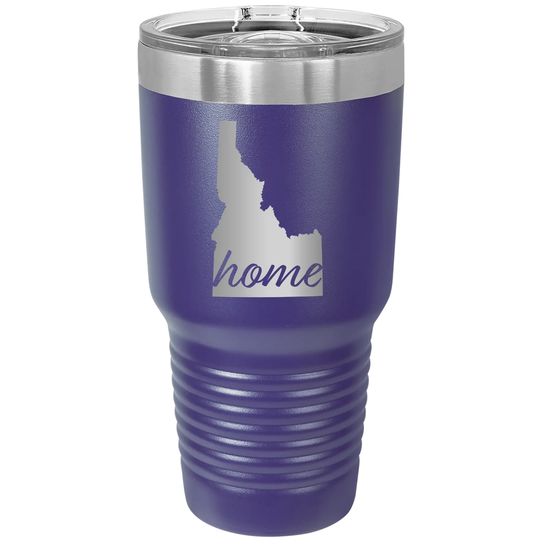 Laser etched purple 30 oz vacuum insulated tumbler with 'Idaho Home' design