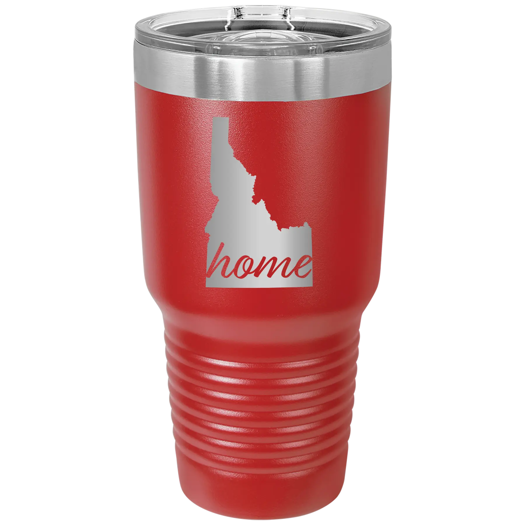 Laser etched red 30 oz vacuum insulated tumbler with 'Idaho Home' design
