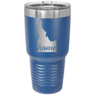 Laser etched royal blue 30 oz vacuum insulated tumbler with 'Idaho Home' design