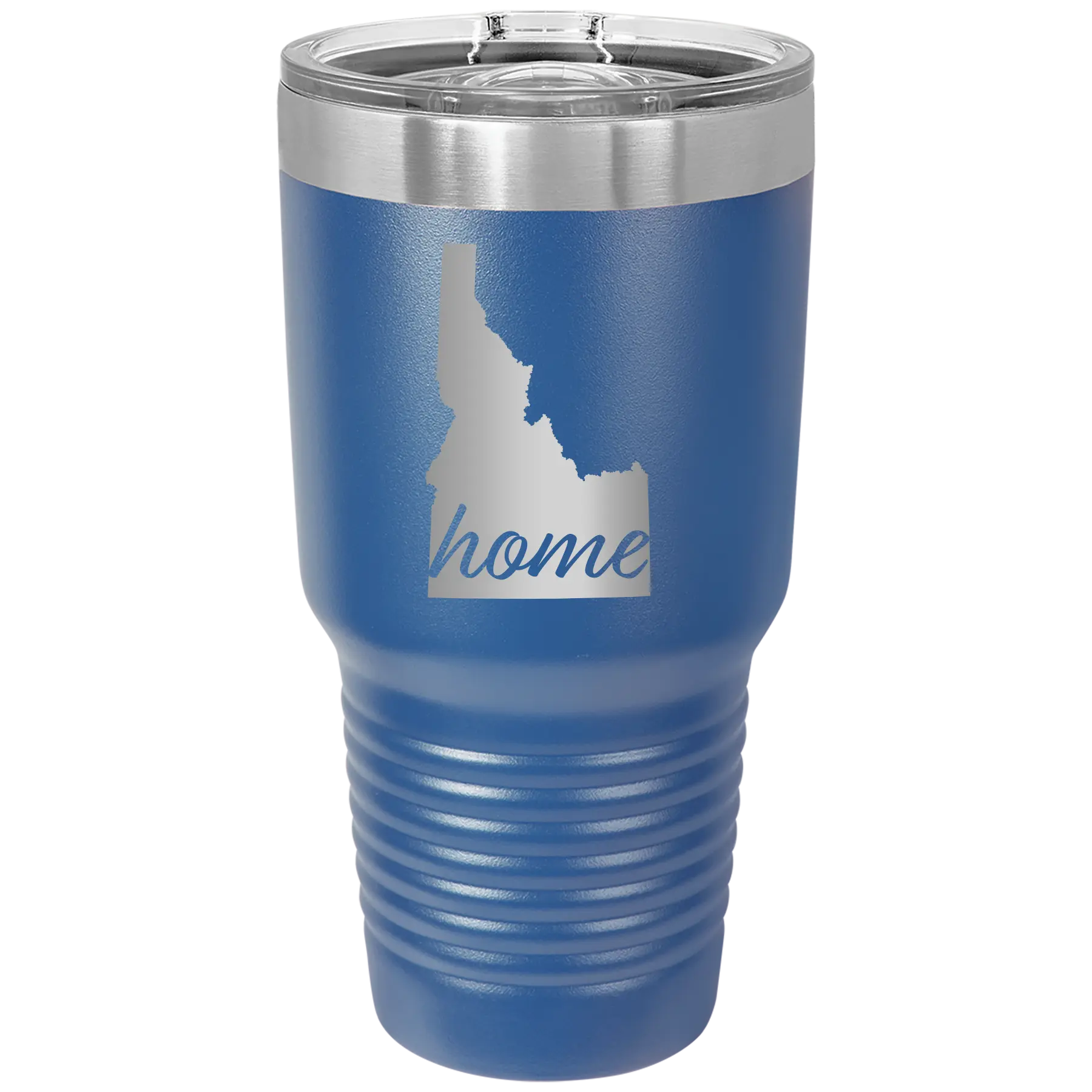 Laser etched royal blue 30 oz vacuum insulated tumbler with 'Idaho Home' design
