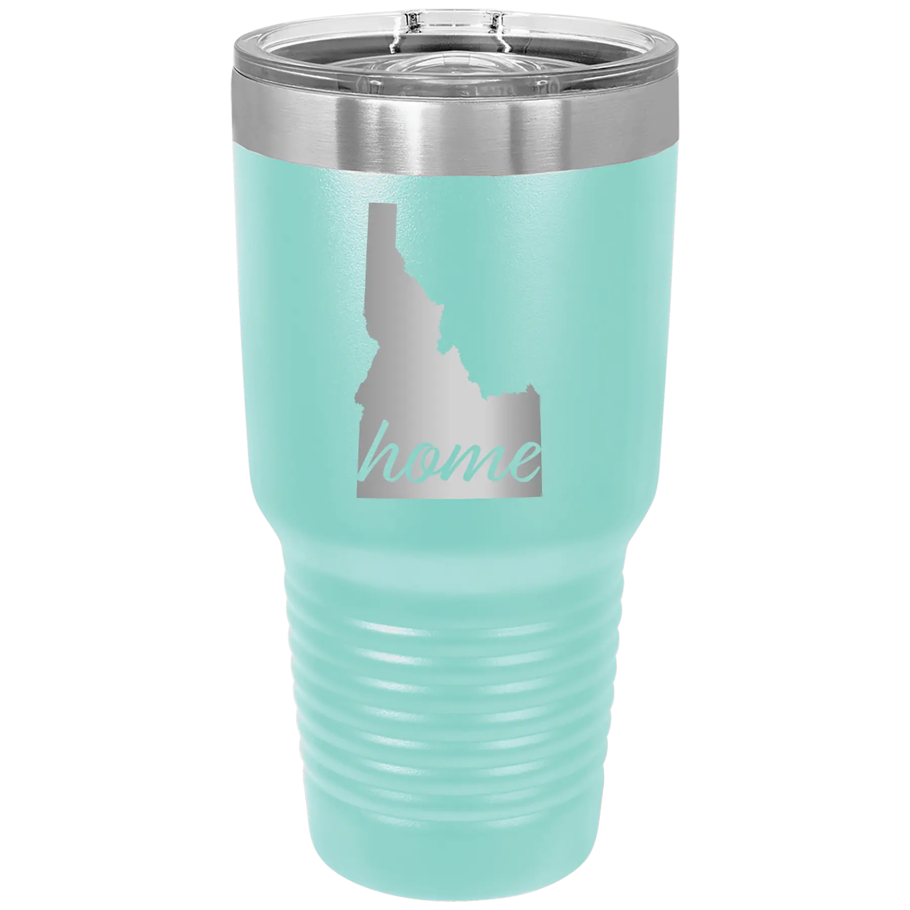 Laser etched teal 30 oz vacuum insulated tumbler with 'Idaho Home' design