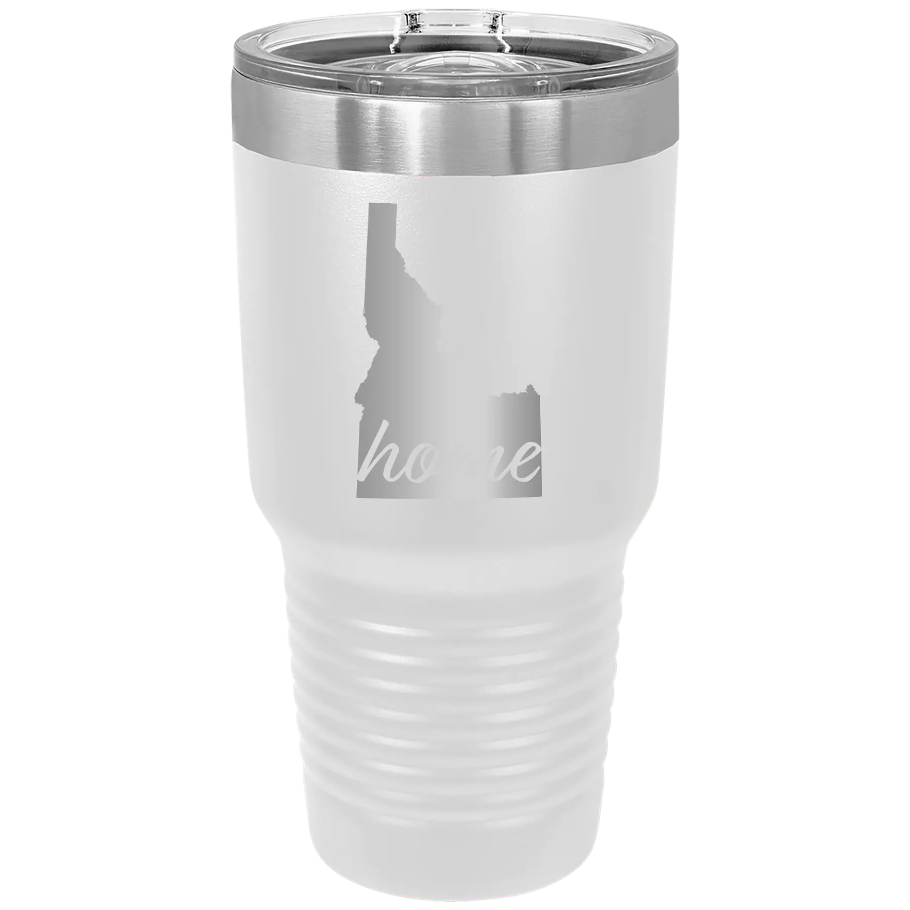 Laser etched white 30 oz vacuum insulated tumbler with 'Idaho Home' design