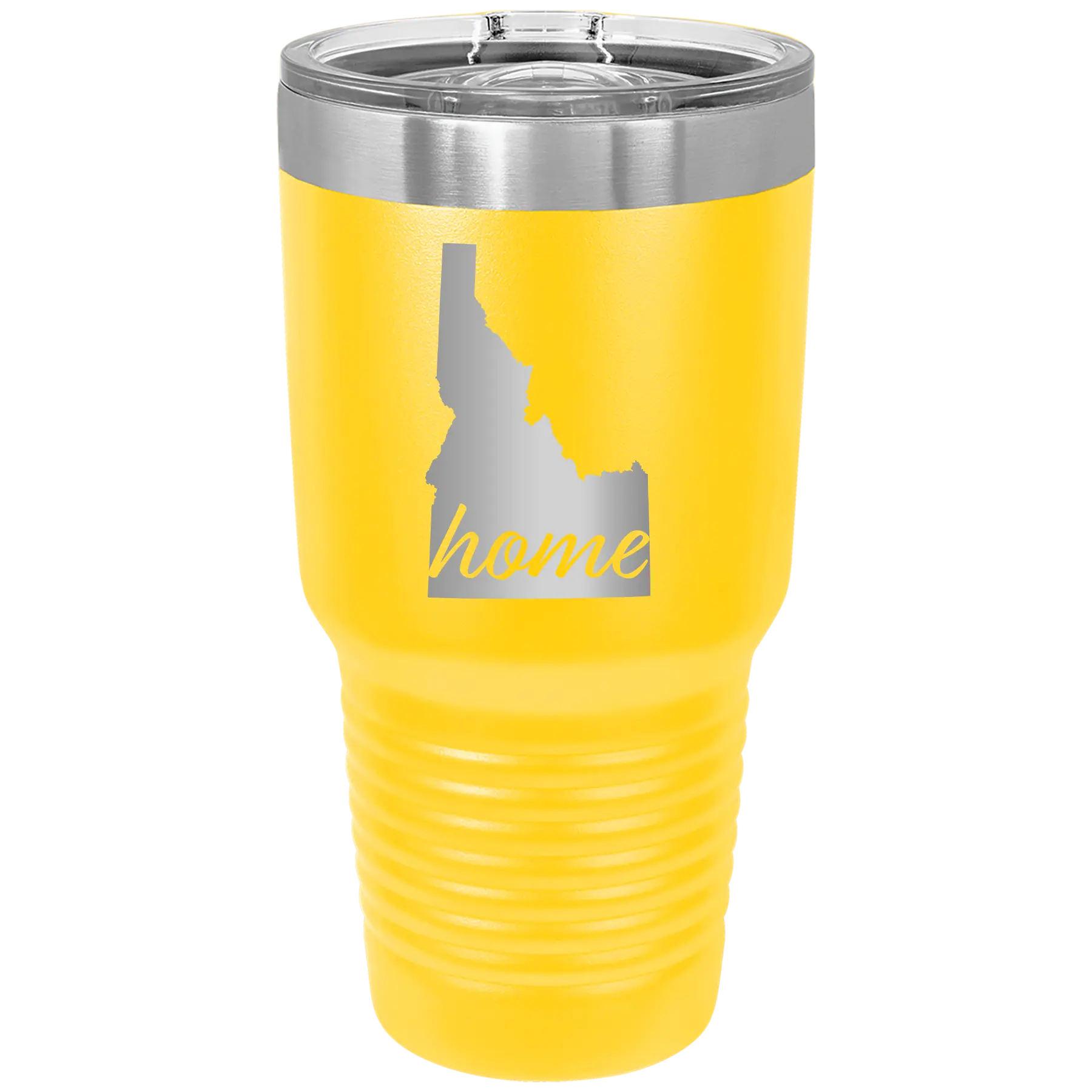 Laser etched yellow 30 oz vacuum insulated tumbler with 'Idaho Home' design