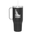 Laser etched black 40 oz vacuum insulated tumbler mug with 'Idaho Home' design