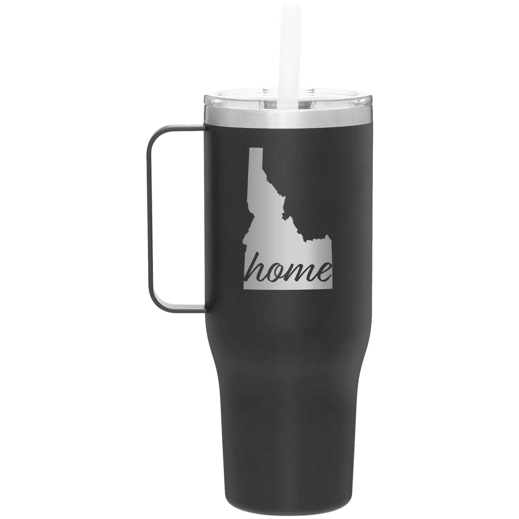 Laser etched black 40 oz vacuum insulated tumbler mug with 'Idaho Home' design