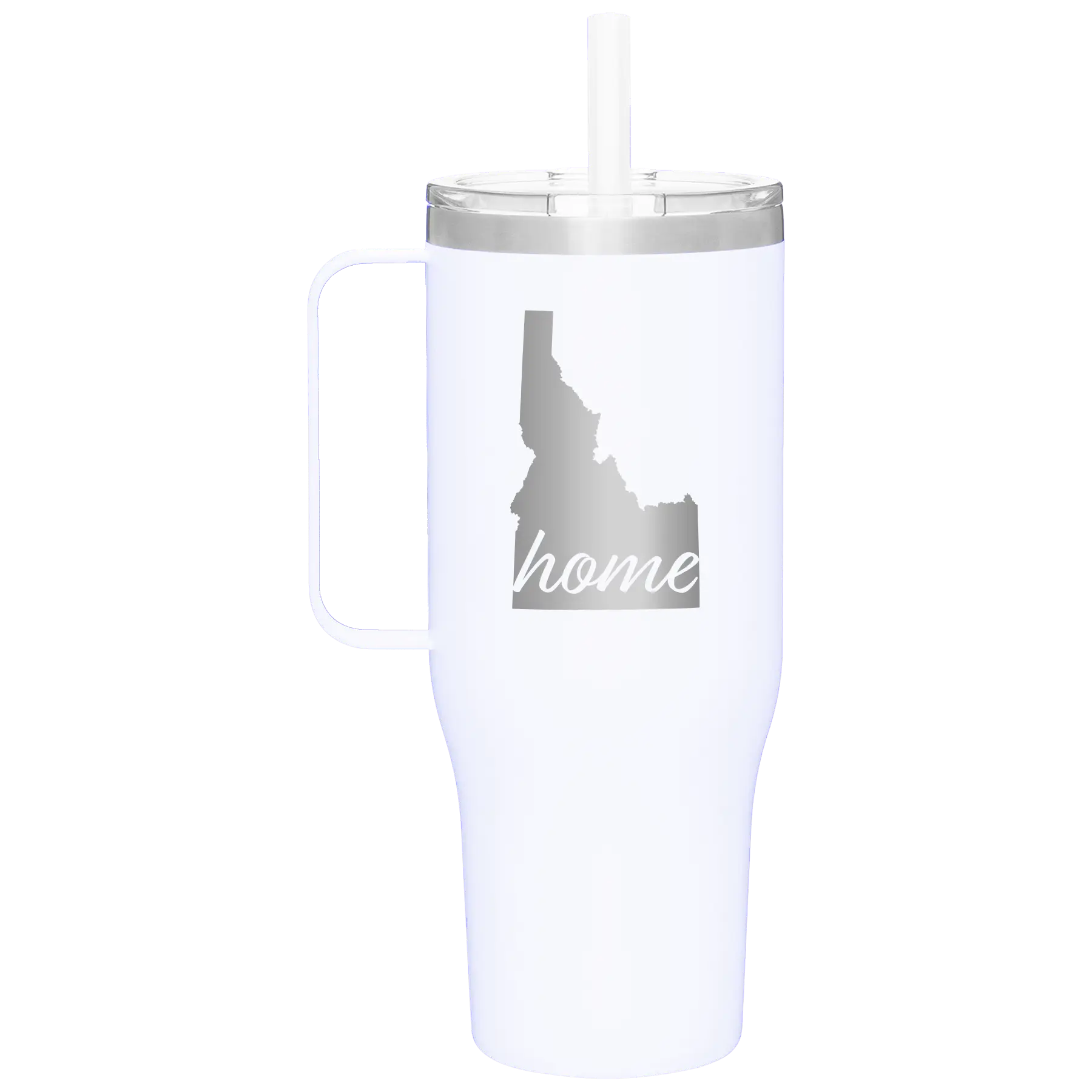 Laser etched white 40 oz vacuum insulated tumbler mug with 'Idaho Home' design
