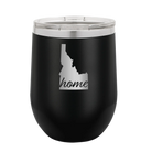 Laser etched black 12 oz vacuum insulated wine cup with 'Idaho Home' design