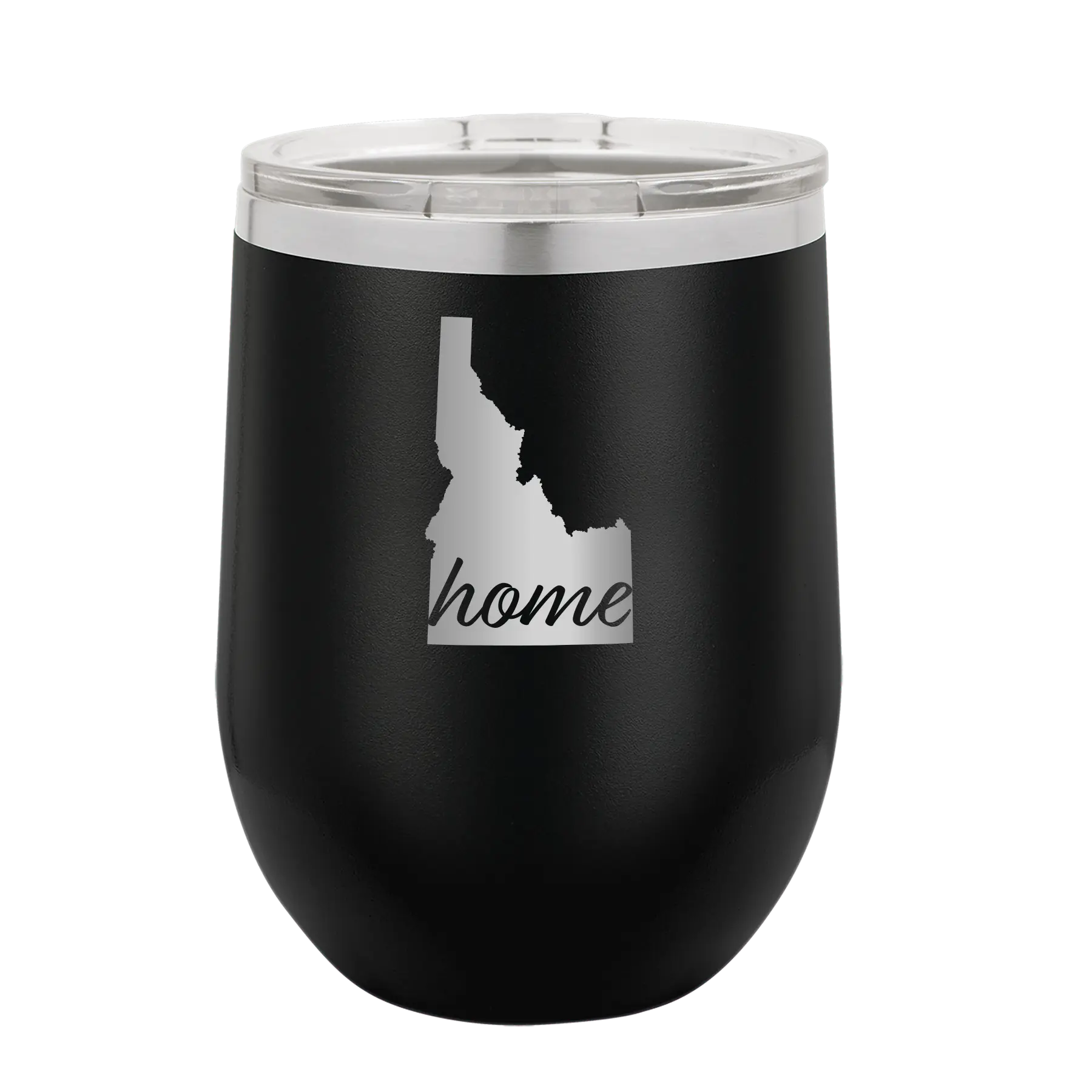 Laser etched black 12 oz vacuum insulated wine cup with 'Idaho Home' design