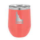 Laser etched coral 12 oz vacuum insulated wine cup with 'Idaho Home' design