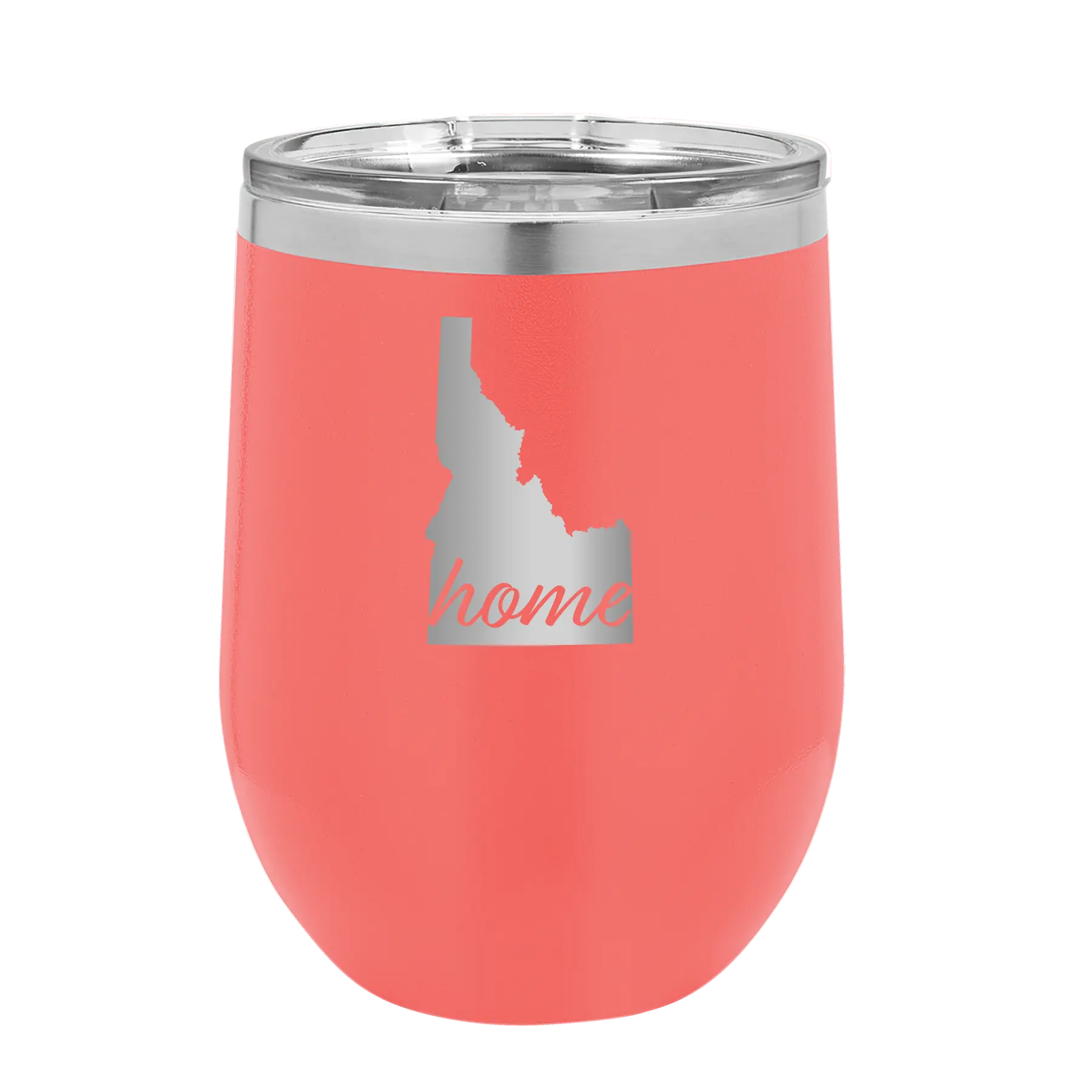 Laser etched coral 12 oz vacuum insulated wine cup with 'Idaho Home' design