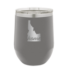 Laser etched dark gray 12 oz vacuum insulated wine cup with 'Idaho Home' design